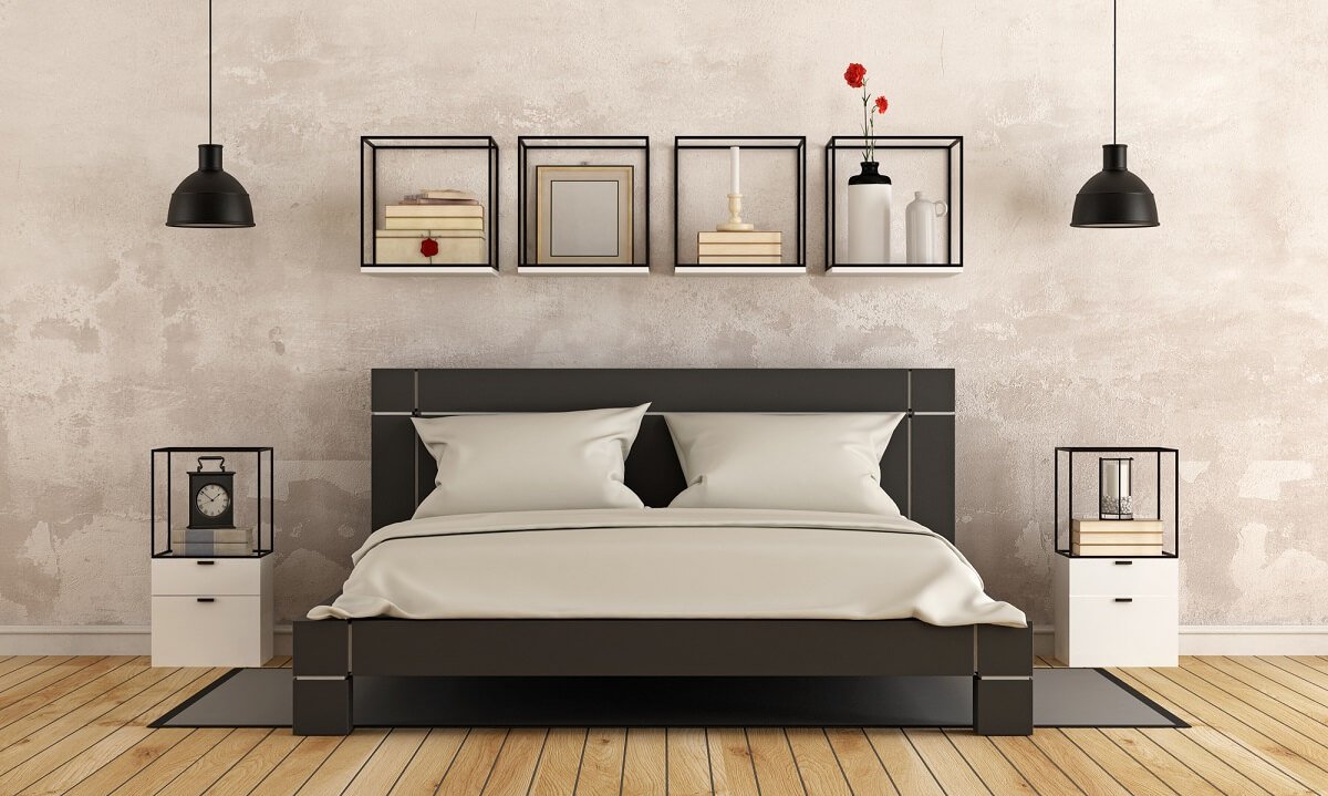 Modern Bedroom Stone Washed Walls Black Queen Bed and Cream Bedding