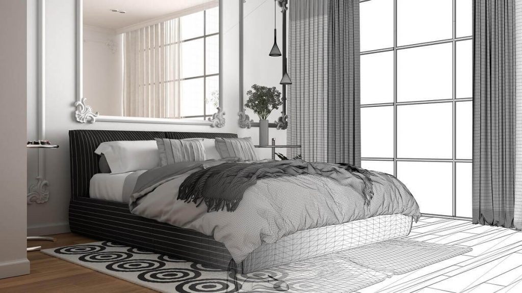 Modern bedroom with light grey walls, black bed frame and stony grey bedding