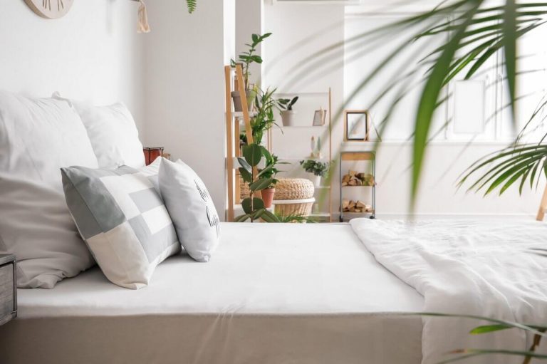 Comfortable big bed in interior of stylish room with botanical and boho theme decor